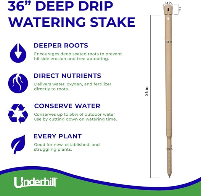 Underhill Deep Drip Irrigation Stakes 36-Inch, Case of 4 Watering Spikes for Palm Trees and Deep Rooted Trees, Drip System Parts Tubes, A-DD36