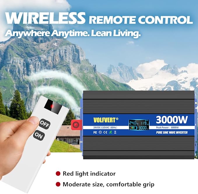 24V Power Inverter 3000 Watt Pure Sine Wave, DC 24V to AC 110V 120V Car Inverter with Dual USB Port, Type-c Port, Three Sockets, Remote Control, LCD Display, Smart Cooling Fans, Battery Inverter Cabl