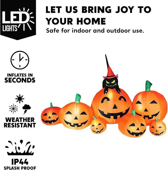 Joiedomi 7 FT Long Halloween Inflatables Pumpkin Outdoor Decorations, 7 Pumpkins Outside Decoration with Witch's Cat with Build-in LEDs Blow Up Inflatables for Party Yard Lawn Garden Decor