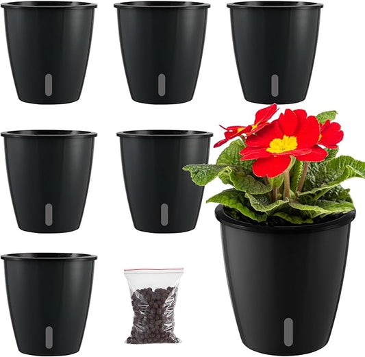 Planterhoma 5 Inch Self Watering Pots for Indoor Plants, 6 Packs African Violet Pots with Water Indicator and Black Wick Pots, Self Watering Planters for Devil's Ivy, Indoor Plant Pots, Black