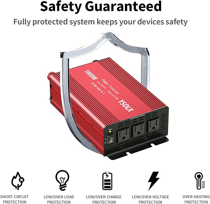 YSOLX 1000W Power Inverter 12v to 110v, DC to AC Converter with 3 AC Outlet, 1000 Watt Inverter for 12v Truck/Rv/Camping/Home/Emergency Power
