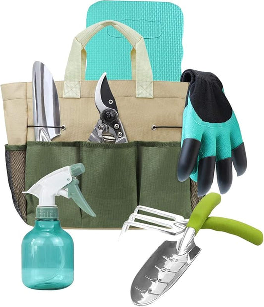Garden Tools Set with 3 Pcs Aluminum Gardening Tools, 1 Pc Pruning Shear, 1 Pc Mister Spray Bottle, 1 Pc Foam Kneeler,1 Pair Garden Gloves with Claws and 1 Pc Gardener Bag, Gifts for Mom Dad