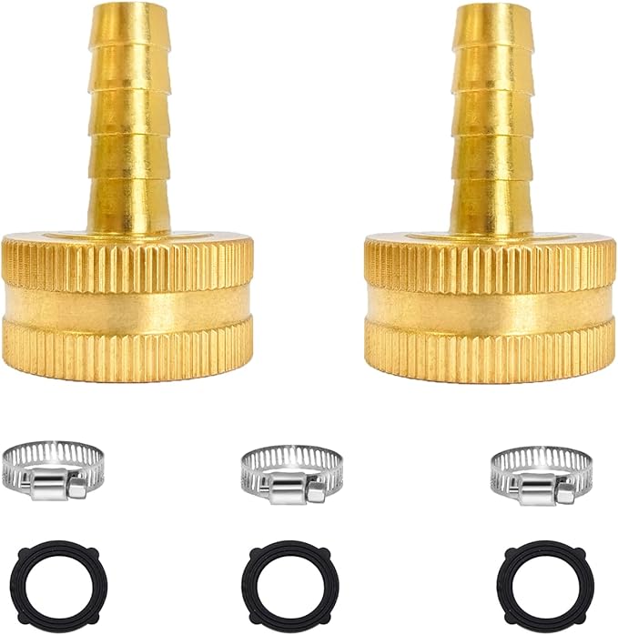 3/8" Barb x 3/4" Female GHT Thread Solid Brass Water Hose End Repair Connector, Includes Stainless Steel Clamps and gaskets(Pack of 2)