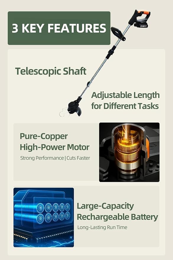 Cordless String Trimmer, Weed Wacker, Nylon Trimmer Head as Its Core Cutting Accessory, Telescopic Shaft and Foldable, 2 x Batteries, String Trimmer Cordless for Lawn, Garden and Yard, Black