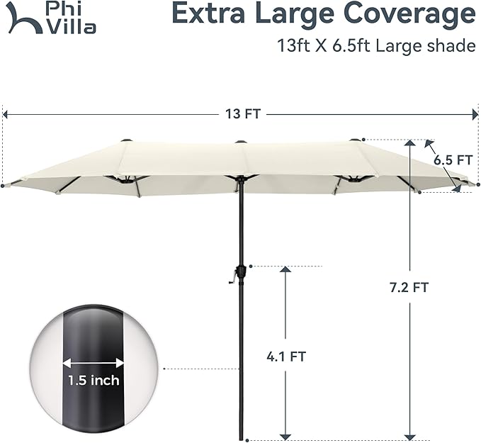 PHI VILLA 13ft Large Patio Umbrellas, Double-Sided Outdoor Market Rectangle Umbrella for Outside, Ivory