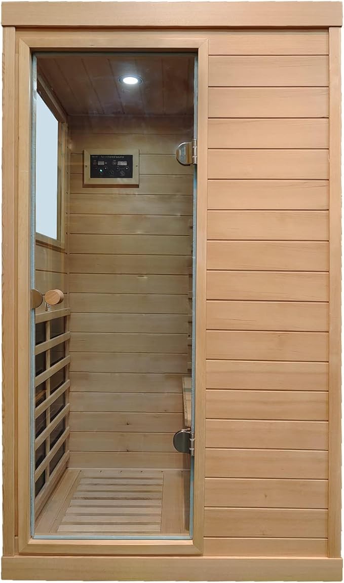 1 Person Infrared Sauna, Infrared Sauna Indoor,Home Sauna Low EMF Infrared Saunas, 1050Watt, Canadian Hemlock, Smart Display, 2 Bluetooth Speakers, Eye-Protection Reading Lamp