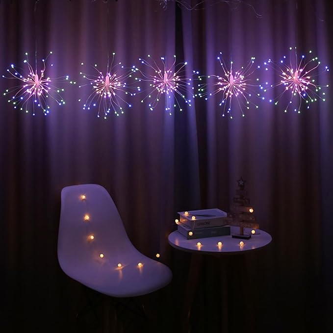 8 Pcs Total 800 LED Firework Copper Wire Lights, 8 Modes Fairy Twinkle Lights Plug in String Lights 1M/3.3FT Spacing Starburst Lights with Sagging Wire and Remote Control(Colorful)