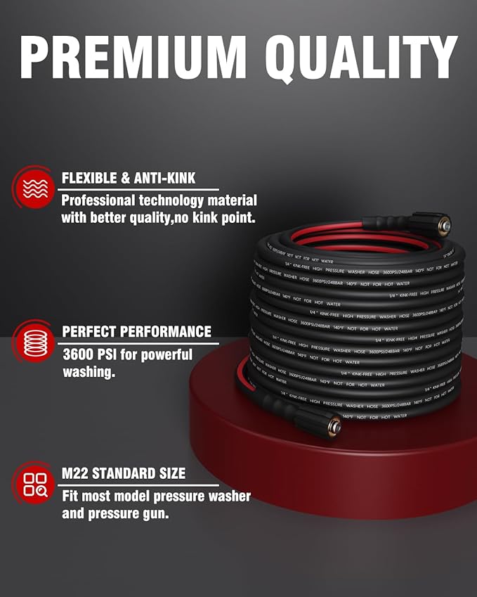 Flexible Pressure Washer Hose 100 FT, 3600 PSI Kink Resistant Power Washer Hose Replacement, 1/4" electric Washer Hose Extension With M22 x 3/8" Quick Connector