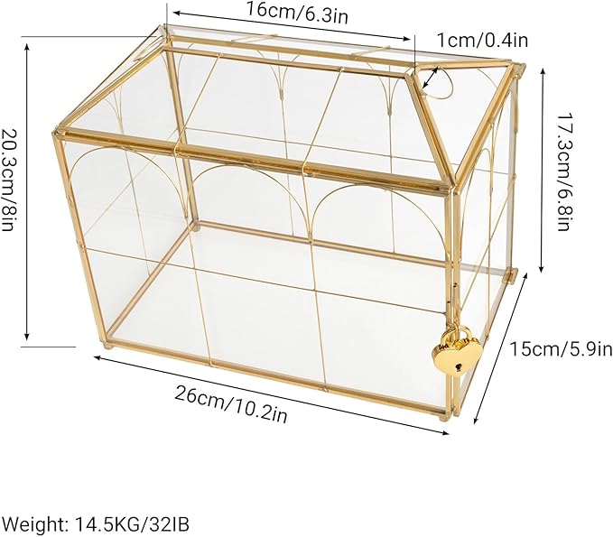 Wedding Glass Cards Box with Slot - 10.26 x 5.91 x 7.99 inch, Envelope Card for Birthday Party Reception Box, Home Tabletop Decor Clear Black Terrarium with Lock Glass Terrarium