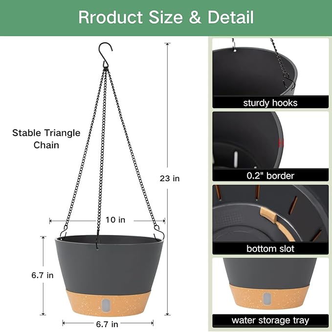 QCQHDU 2 Pack 10 inch Hanging Planters for Indoor Plants, Outdoor Hanging Baskets, Self Watering Pots with Drainage Holes & Removable Tray (Dark Grey, 10 inch)