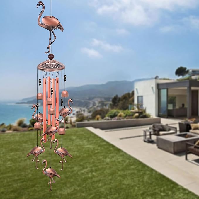 Outdoor Flamingo Wind Chimes Decor Gifts for Mom, Home, Garden, Rooms, Patio, Indoor, Outdoor Flamingo Decoration, Garden Flamingos Wind Catcher, Flamingo Wind Bells, Red Copper Flamingos Wind Chimes