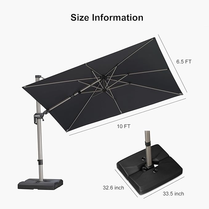 PURPLE LEAF 10' X 6.5' Left-right Tilting Patio Umbrella with Base Outdoor Swivel Cantilever Offset Aluminum Umbrella with Champagne Frame and 360-degree Rotation for Garden Deck Pool, Grey