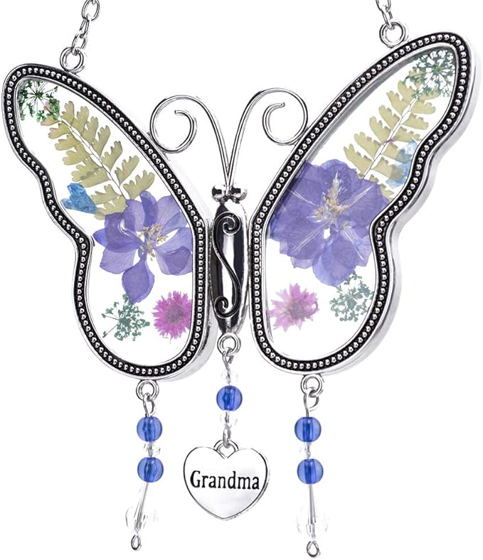 Laraine Butterfly Suncatcher with Pressed Colourful Flower Wings Mom Mother's Day Butterfly Glass Wind Chime Ornament Charm with Metal Heart Gifts for Mom Grandma Birthday (Purple Grandma)