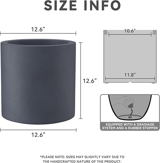 Kante 12.6" Dia Round Concrete Planter, Modern Style Large Cylindrical Plant Pot with Drainage Hole and Rubber Plug for Indoor Outdoor Patio, Charcoal