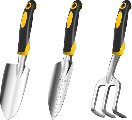 iPower 3Pcs Garden Tool Set, Heavy Duty Aluminum Gardening Kit Includes Hand Trowel, Transplant Trowel and Cultivator Hand Rake, Ergonomic Rubberized Non-Slip Handle