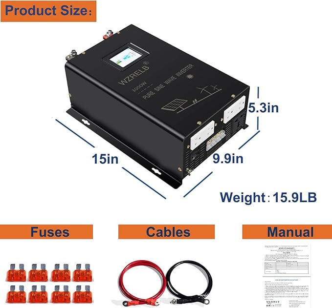 WZRELB 3000W 48V Pure Sine Wave Inverter 48VDC Input to 120VAC 240V AC Split Phase Output, 4 ac Outlets,AC Hardwire Terminal,LCD Display for Home,RV,Truck