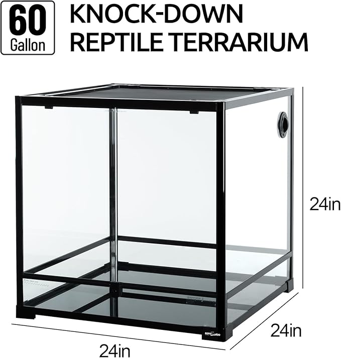 REPTIZOO 60 Gallon Glass Reptile Tank, 24" x 24" x 24" Large Reptile Terrarium Front Opening Terrarium with Double Hinge Door and Top Screen Ventilation, Easy Assembly Enclosure Tank