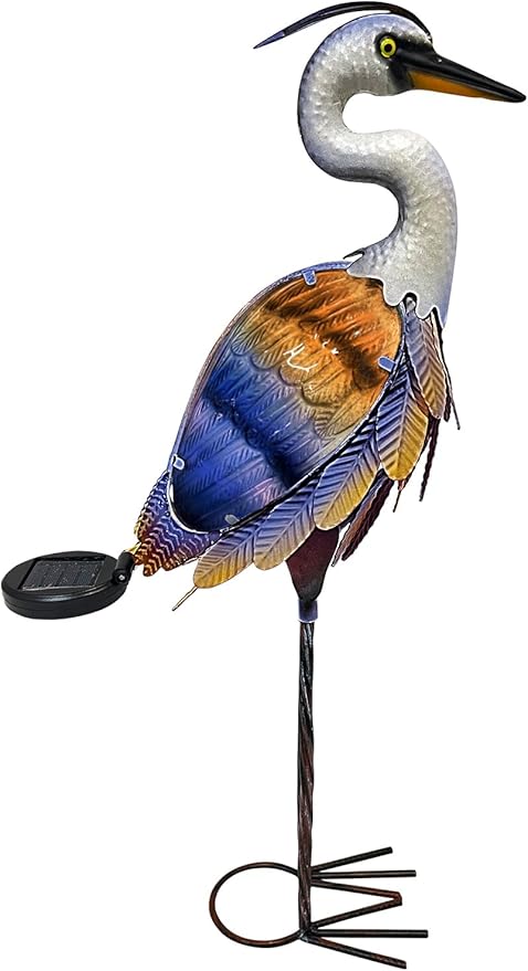 HONGLAND Solar Heron Metal Crane Statue Garden Heron Sculpture, Glass Outdoor Crane Yard Art Coastal Ocean Bird Decor 24 Inch Lawn Ornament for Backyard Porch Patio Decor(Purple)