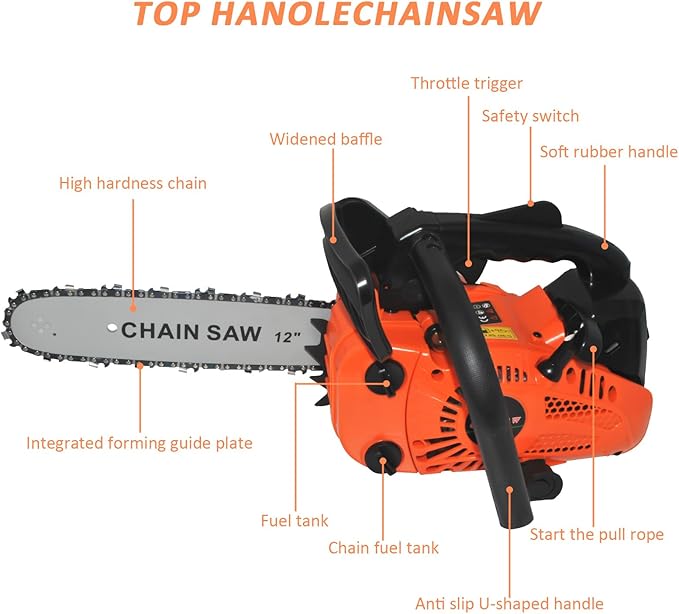 26cc Gas Chainsaw, 2-Cycle Top Handle Petrol Handheld Cordless Chain Saw, 12 Inch Professional Power Chain Saws, Great For Tree Felling, Limbing, Pruning, and Firewood