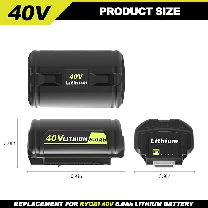 40V 6.0Ah Lithium-Ion Battery Replacement for Ryobi 40v Battery, OP4020, OP4060, OP4040, OP4050. High Capacity Compatible with Ryobi 40-Volt HP Cordless Power Tools and Chargers