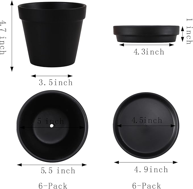 Terra Cotta Pots with Saucer- 6-Pack Large Terracotta Pot Clay Pots 5.5'' Clay Ceramic Pottery Planter Cactus Flower Pots Succulent Pot with Drainage Hole- for Plants,Crafts terra cotta planter(Black)