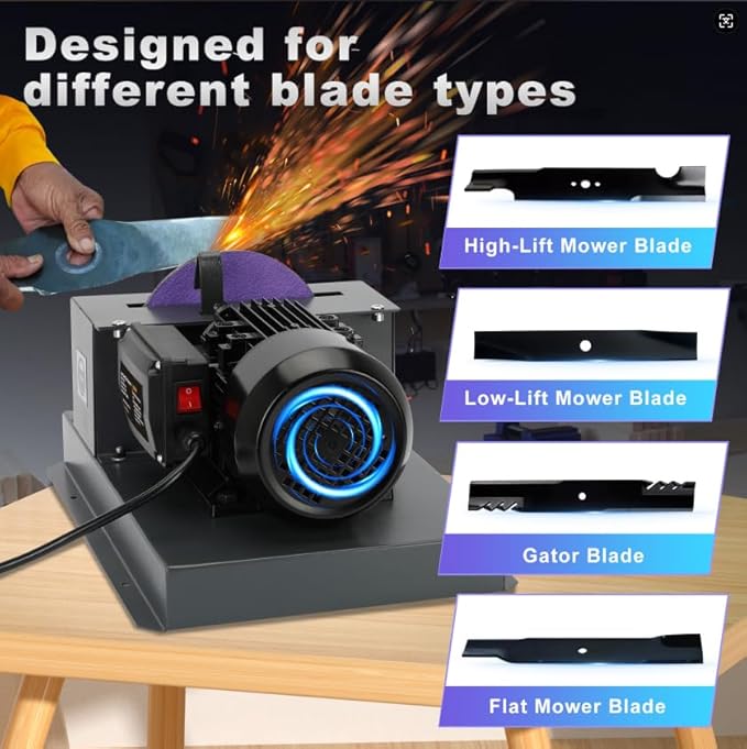Lawn Mower Blade Sharpener, 1HP 750W Lawnmower Blade Grinder with 9-inch Ceramic Grinding Disc, 2 Sanding Paper & 40°Bracket for High/Low Lift Blades, Gator Blades, Flat Blades