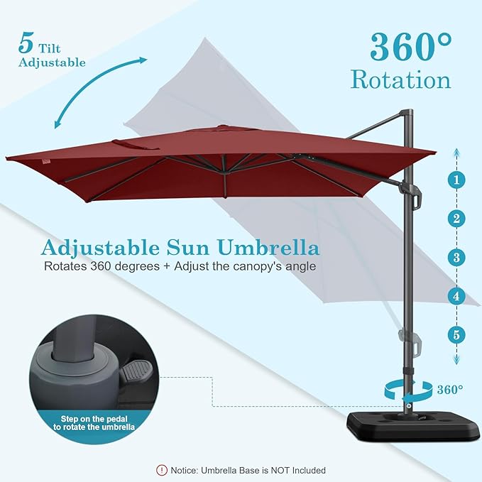 Hotime 10x10ft Large Cantilever Patio Umbrellas - Upgrade and Intensify - with 360 Rotation and 5 Angles Adjustment - Aluminum Offset Pool Umbrella Square Outdoor Umbrella for Patio Garden
