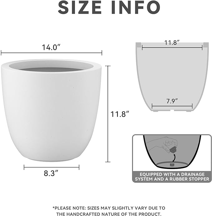 Kante 14 Inch Dia Round Concrete Planter, Indoor Outdoor Large Plant Pot with Drainage Hole and Rubber Plug for Home Patio Garden, Pure White