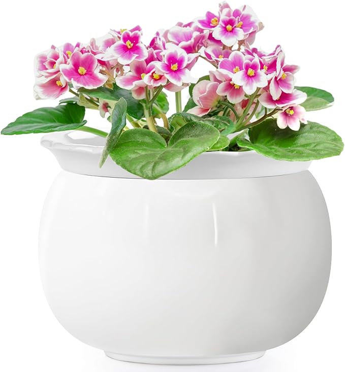 African Violet Pots, 8 Inch Self Watering Pots, Easy Plant Self Watering Pot, Ceramic Plant Pot with Absorbent Inner Pot for Flowers, Flower Pot Indoor - White