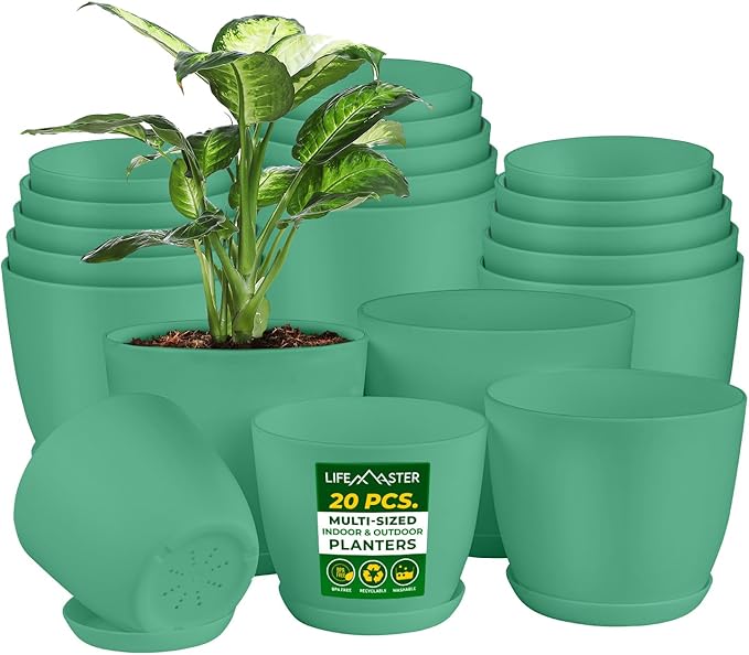 Planter Pots with Drainage Holes - Lightweight, Durable, & Space-Saving Pots for Indoor and Outdoor - Versatile Functionality, Simple Modern Design, Set of 20 Plastic Planter Pots Mint