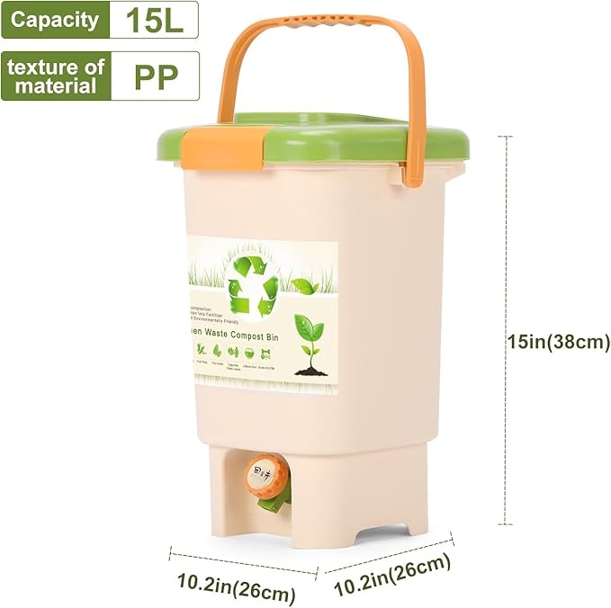 Compost Bin Outdoor, 15L Garden Composting Bin Bags, Breathable Screen Window Reusable Garden Yard Waste Bags Speed Up Composting & Reduce Odors, Indoor Small Kitchen Compost Bin with Lid, Beige