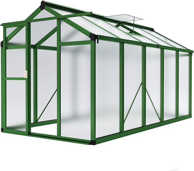 6x10 ft Greenhouse with Roof Vent, Aluminum Walk-in Greenhouses for Outdoors, Heavy Duty Garden House for Backyard, Patio, Easy Assembly