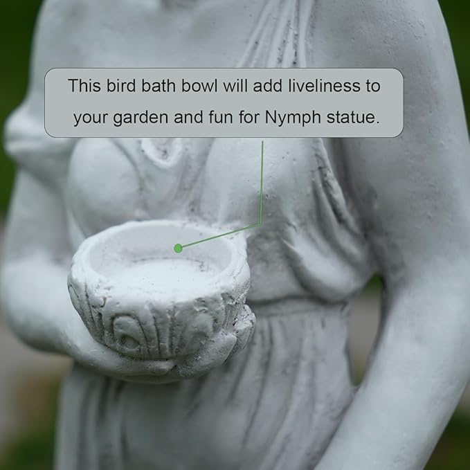 Outdoor Statue with Birdbath Bird Bath Bowl, Nymph Sculpture Goddess of Greek Mythology Roman Style for Patio Yard Lawn Porch Decor, Grey (Nymph)