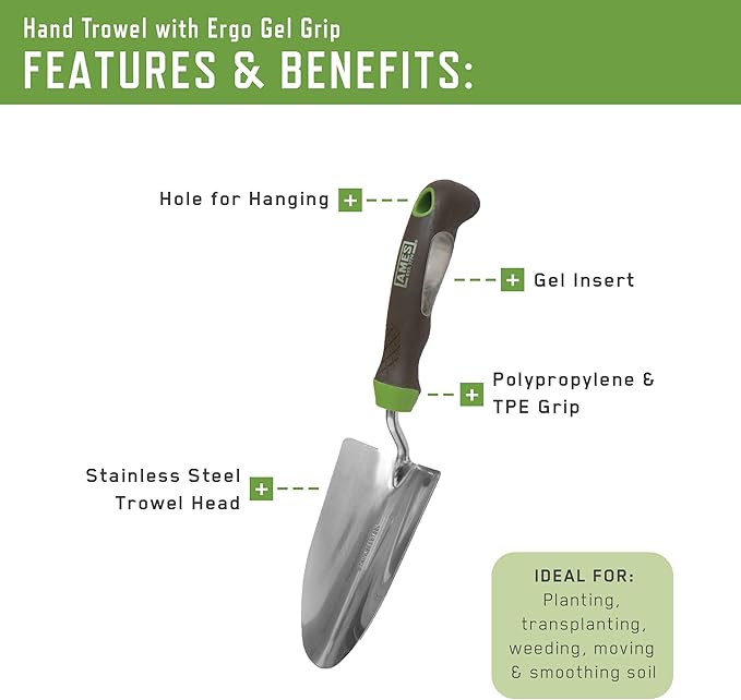 AMES 24450009 3-pc. Ergo Gel Grip Garden Tool Set with Hand Trowel, Transplanter & Cultivator
