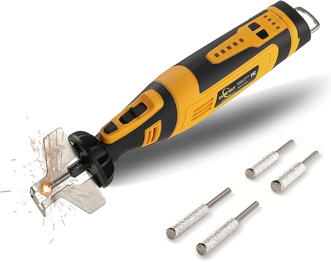 Cordless Chainsaw Sharpener Kit - Portable 8V Chain Saw Sharpener Tool with 4 Diamond Wheels & Angle Attachment, Variable Speeds, Safety Lock, Hang Ring - Ideal for All Chainsaw Chains