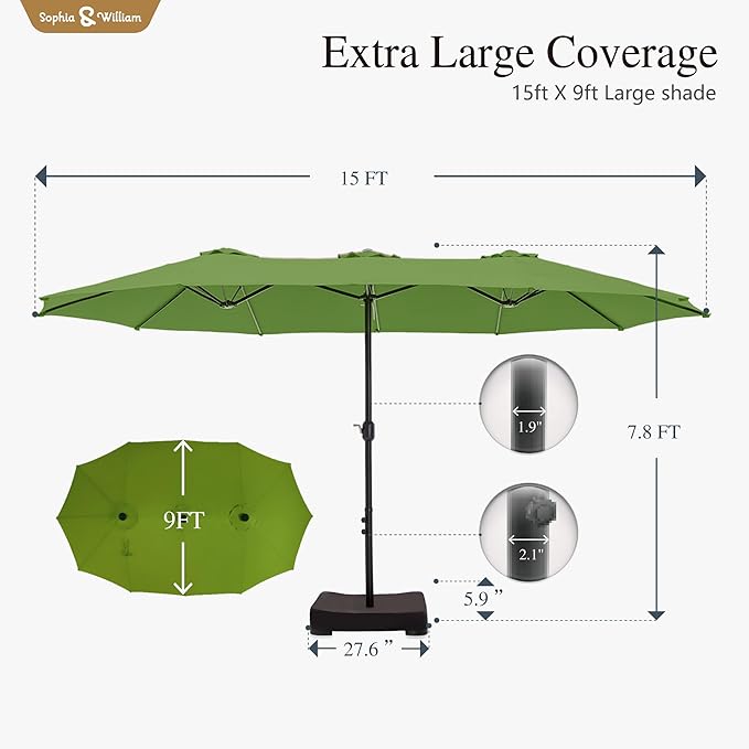 Sophia & William 15 ft Extra Large Patio Umbrella with Base Included, Rectangular Outdoor Umbrella Heavy Duty, Market Umbrella Double-sided Fade Resistant for Pool Garden Backyard, Lime