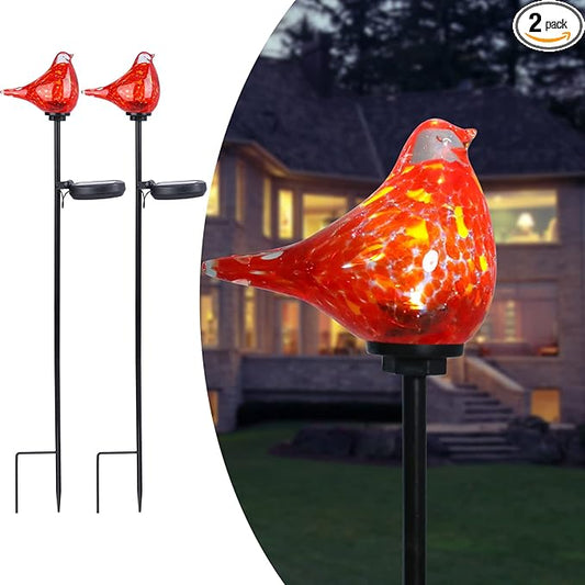 Afirst Solar Outdoor Lights - Decorative Solar Stake Lights Cardinal Handblown Glass Garden Stakes, Waterproof for Pathway Decoration, 2 Pack