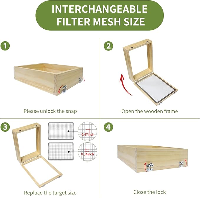 Wooden Soil Sifter for Gardening,13.7"x10.2" Rock Sifter with 2 Replaceable Mesh Screen (0.34"&0.47") Compost Sifter for Leaves, Rocks, Compost, Gravel, Soil