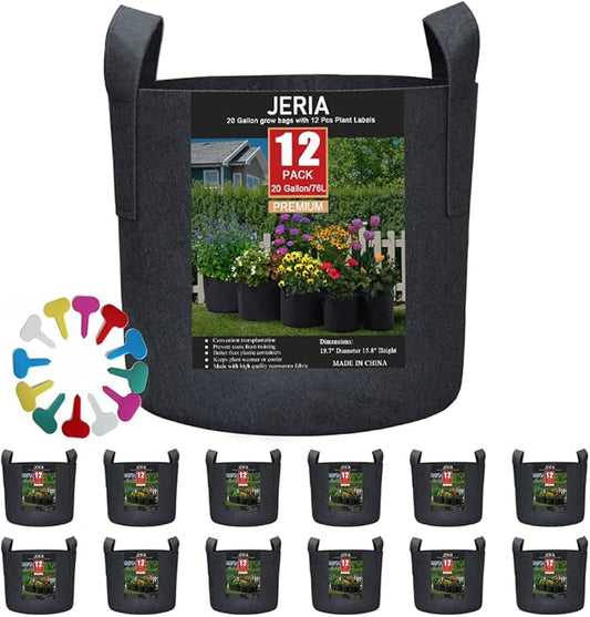 JERIA 12-Pack 20 Gallon, Vegetable/Flower/Plant Grow Bags, Aeration Fabric Pots with Handles (Black), Come with 12 Pcs Plant Labels