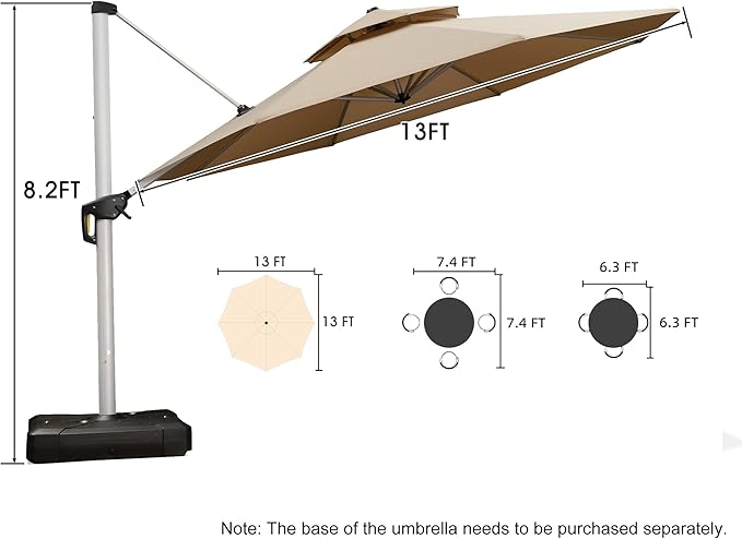 PURPLE LEAF 13 Feet Double Top Round Deluxe Patio Umbrella Offset Hanging Umbrella Outdoor Market Umbrella Garden Umbrella, Beige
