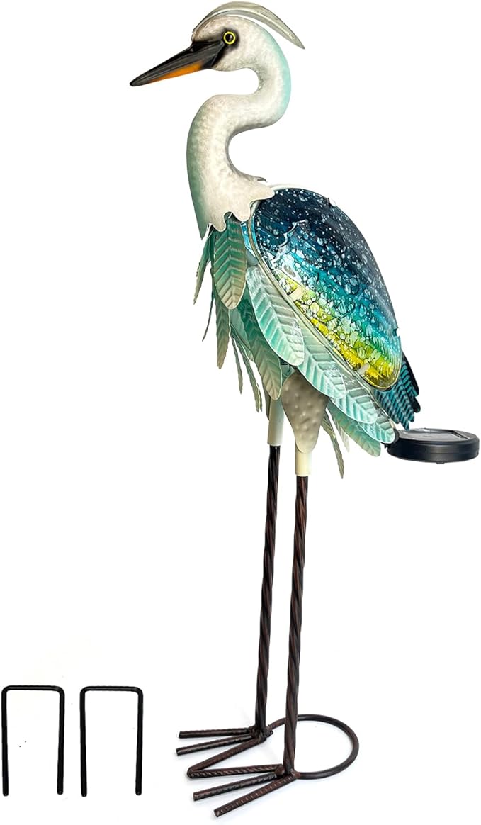 HONGLAND Solar Heron Metal Crane Statue Garden Heron Sculpture, Glass Outdoor Crane Yard Art Coastal Ocean Bird Decor 24 Inch Lawn Ornament for Backyard Porch Patio Decor(Green)