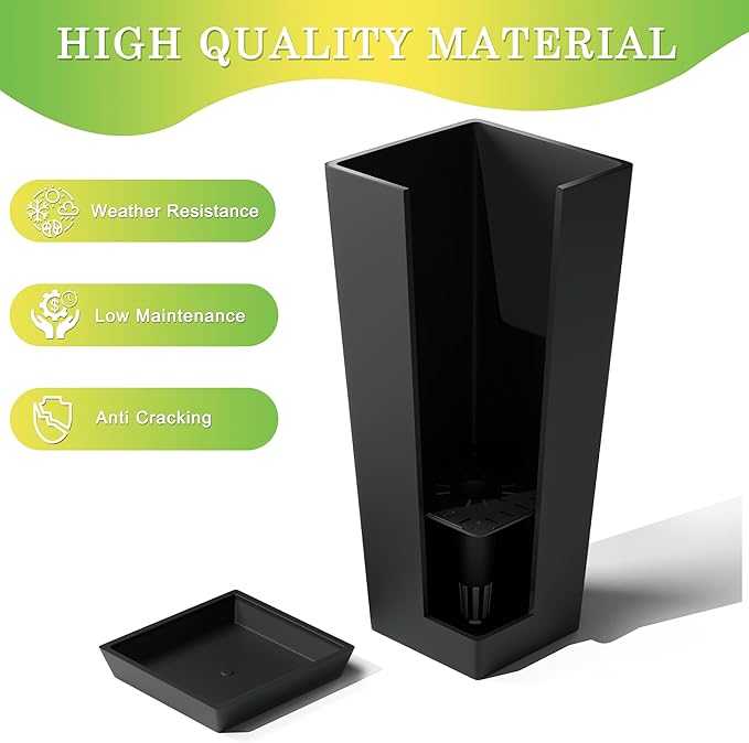 Set of 2 Large Tall Planter for Indoor or Outdoor 24" Tall Flower Pots Tapered Tall Planters with Tray for Porch, Patio, Backyard, Large Planters for Outdoor Indoor Plants(Black)