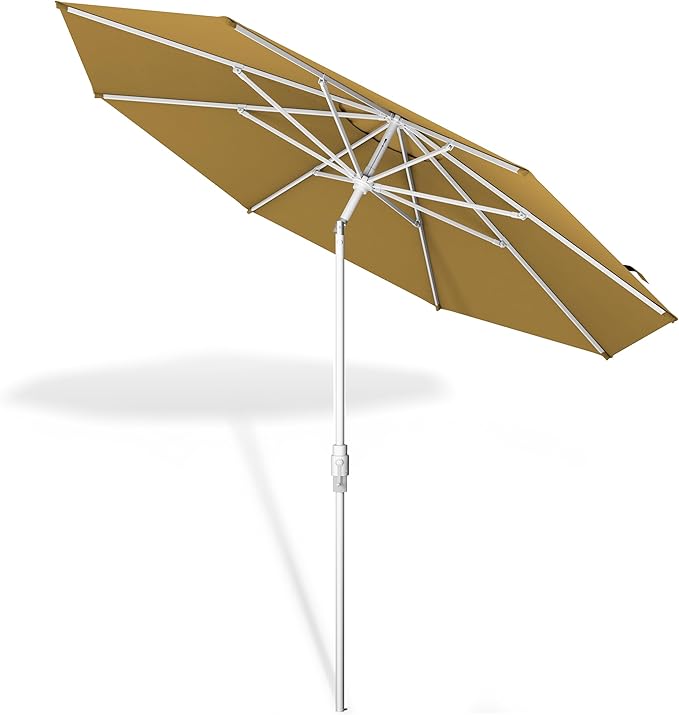 Midtown Umbrellas The Swilt 9 Feet Patio Umbrella in Terylast Sand (Tan) Polyester Fabric - Fiberglass Ribs, Auto-Tilt Aluminum Frame For Backyard, Deck, Garden, Pool - White Pole
