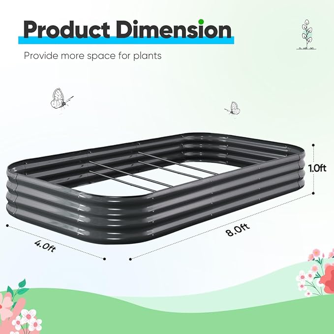 Quictent Galvanized Raised Garden Bed Kit, 8x4x1 ft Oval Metal Planter Box for Vegetables, Rubber Strip Edging Included (Dark Gray)