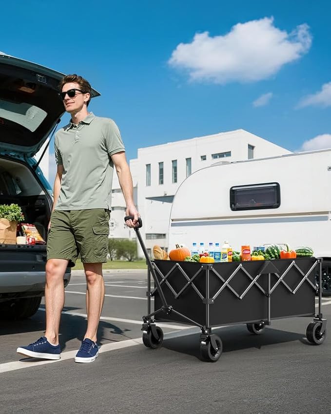 45.5" L Kitsure Collapsible Wagon - Heavy Duty Foldable Wagon with 440lbs Capacity, Adjustable Handle, Shopping Cart with Wheels for Camping, Groceries, Black, 45.5" x 24.0" x 38.0"