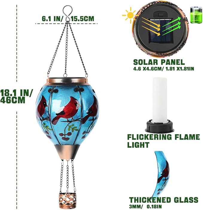 Hot Air Balloon Solar Lantern - Cardinal Bird Glass Lantern, Simulated Flickering & Dancing Flame, Outdoor Hanging Yard Light Waterproof IP65 for Patio Lawn Porch Decor Gift