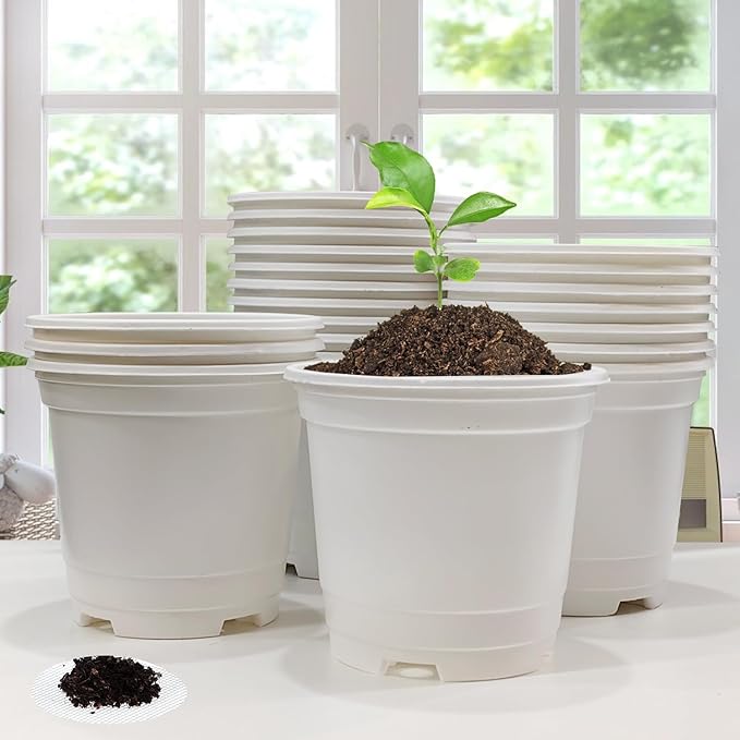 10CM White Seedling Pots 4 inch New Material Planter Pots 50 Pcs, Soft and Sturdy Bottom Transplanting Pots with 50Pcs Screen Pads(50Pcs,4Inch,White