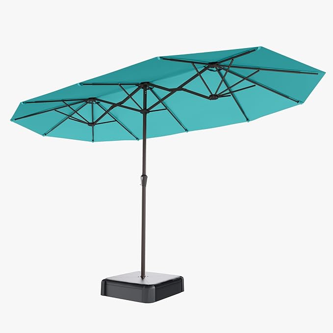 15FT Double Sided Patio Umbrella with Base Included Large Outdoor Market Umbrella with Crank Handle, UV Resistant Canopy, Sturdy Frame for Garden, Poolside, Deck, Aqua Blue