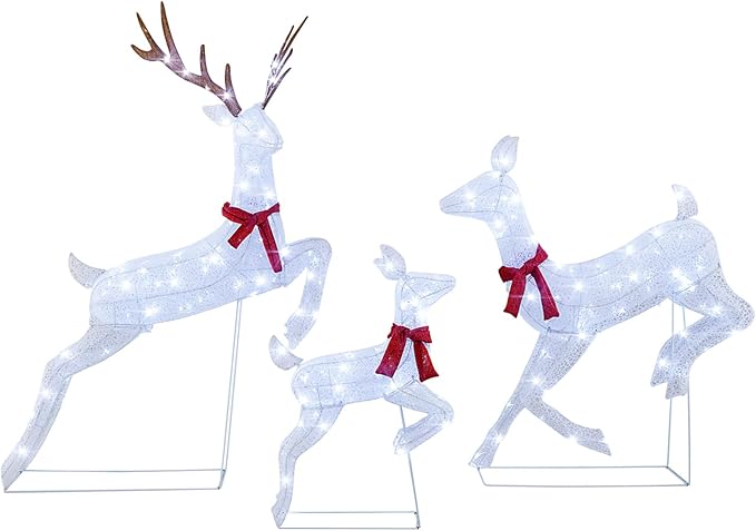 Tangkula 3-Piece Christmas Lighted Reindeer Family Set, Xmas Pre-Lit Reindeer with 255 Cold White LED Lights, Ground Stakes & Zip Ties, All-Weather Festive Decoration for Indoor Outdoor
