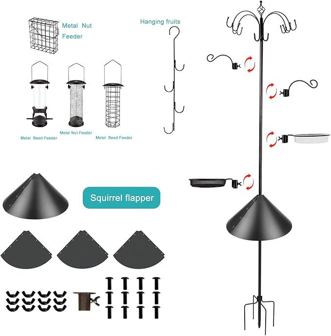 Bird Feeding Station Kit Bird Feeder Pole Wild Bird Feeder Kit with Squirrel Baffle and Suet Cage Mesh Tray Fruit Hook Double W Hook for Attracting Wild Birds